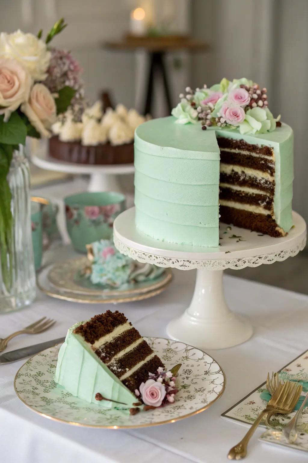 A lime-colored cake featuring scrumptious chocolate layers.