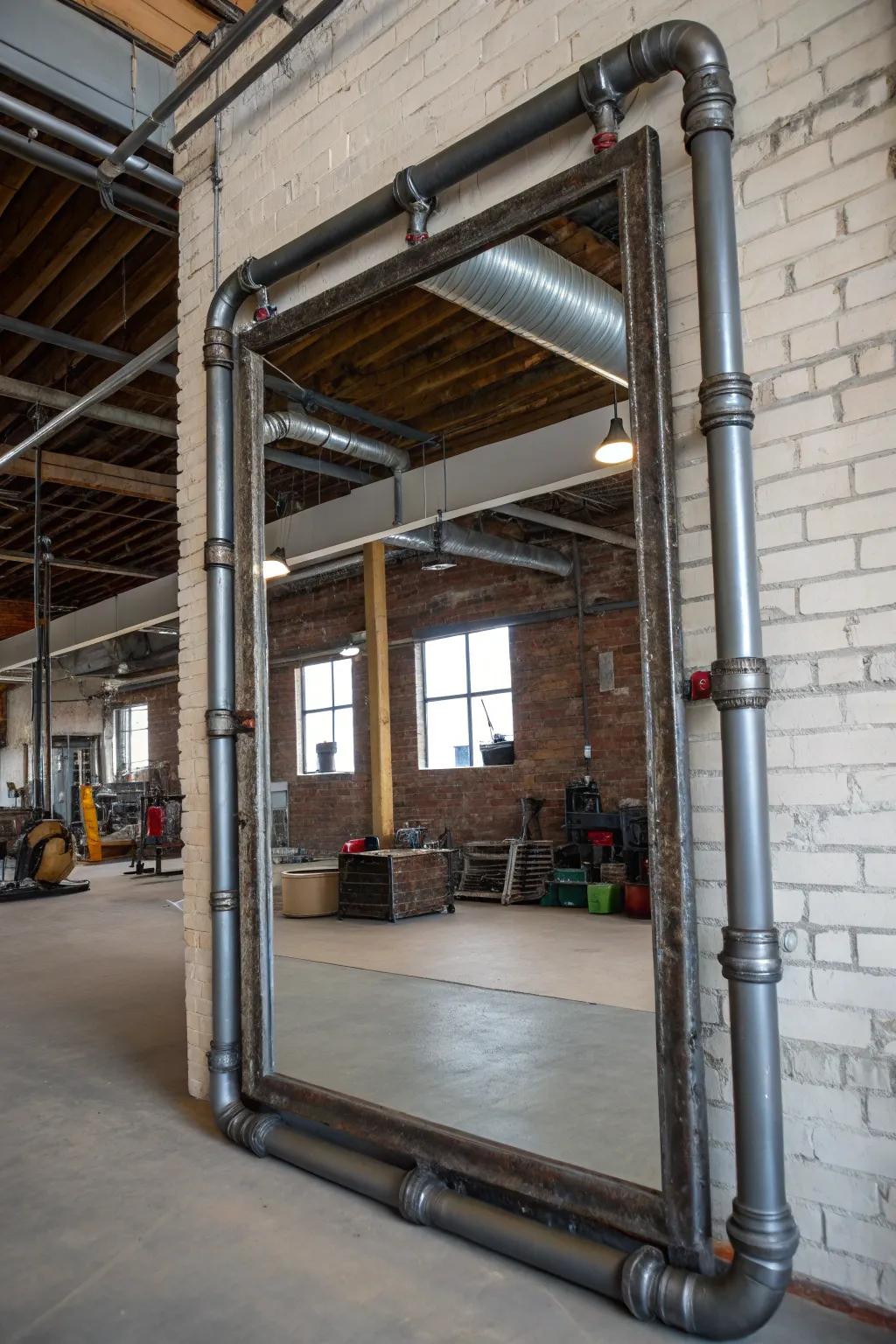Metallic conduit surrounds impart a manufacturing edge to a mirror in a loft environment.