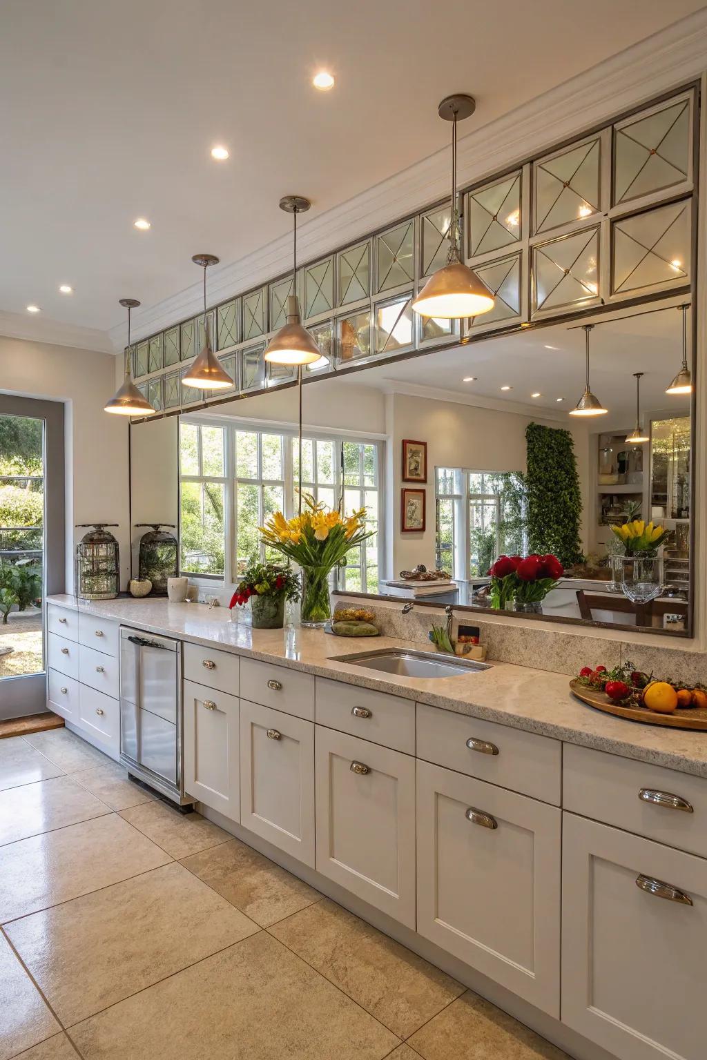 The strategic use of mirrors to reflect light and brighten the kitchen space.