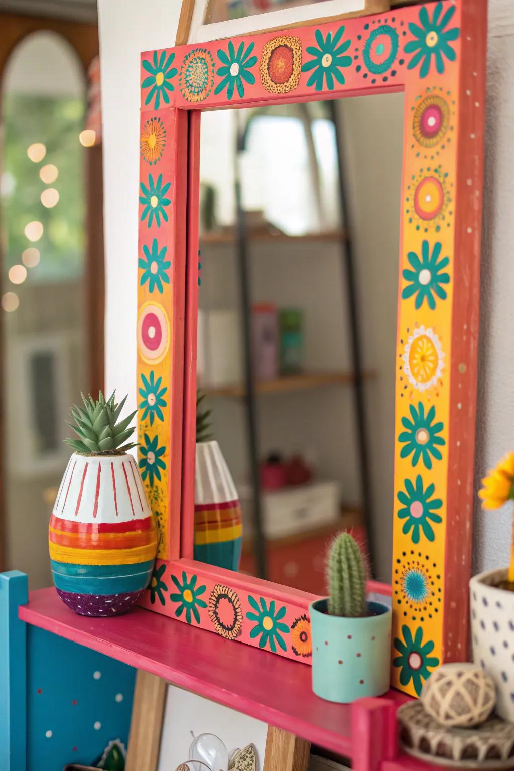A varied mirror and shelf pairing for a vibrant, playful impression.