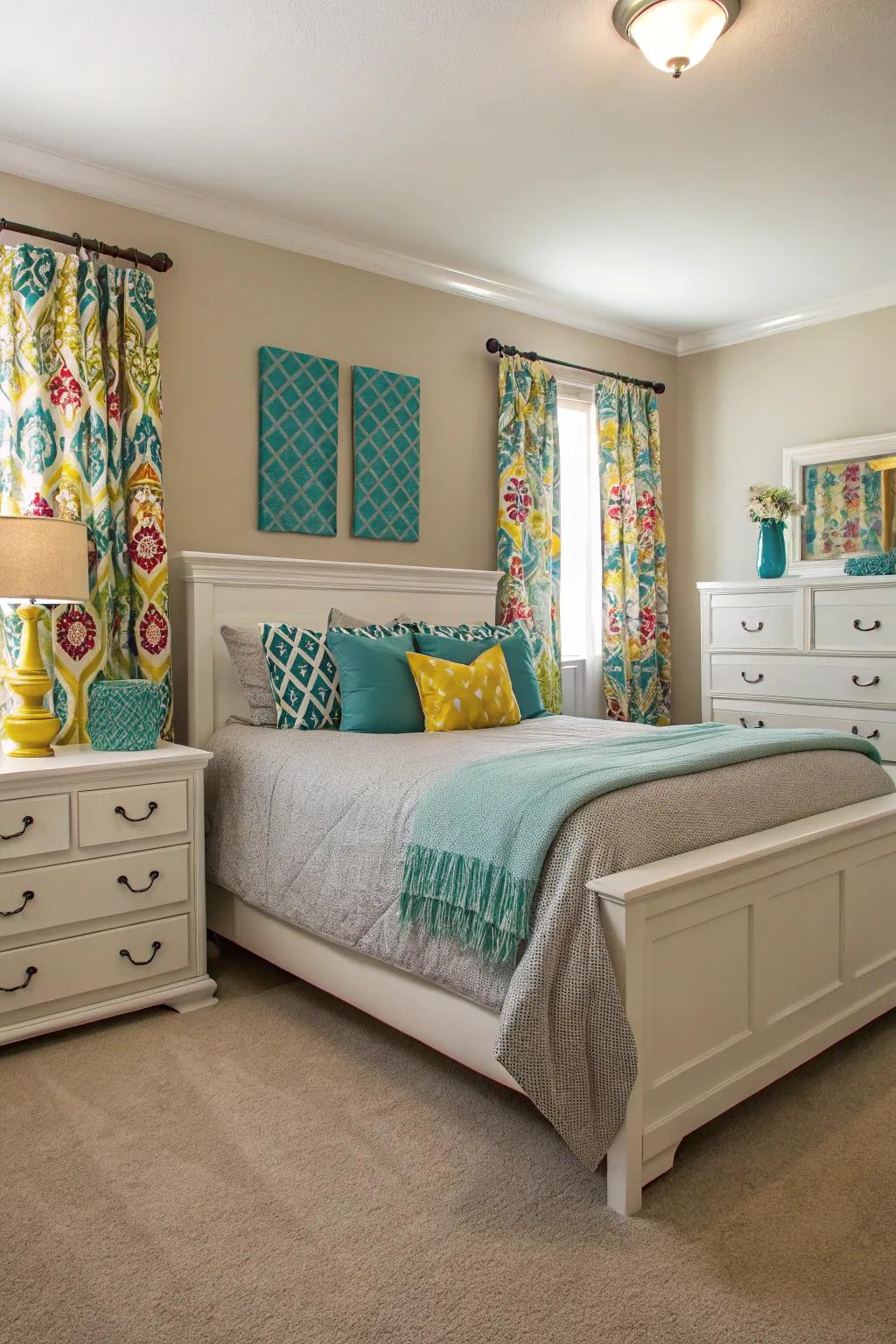 Neutral bases with colorful accents offer versatile design options.