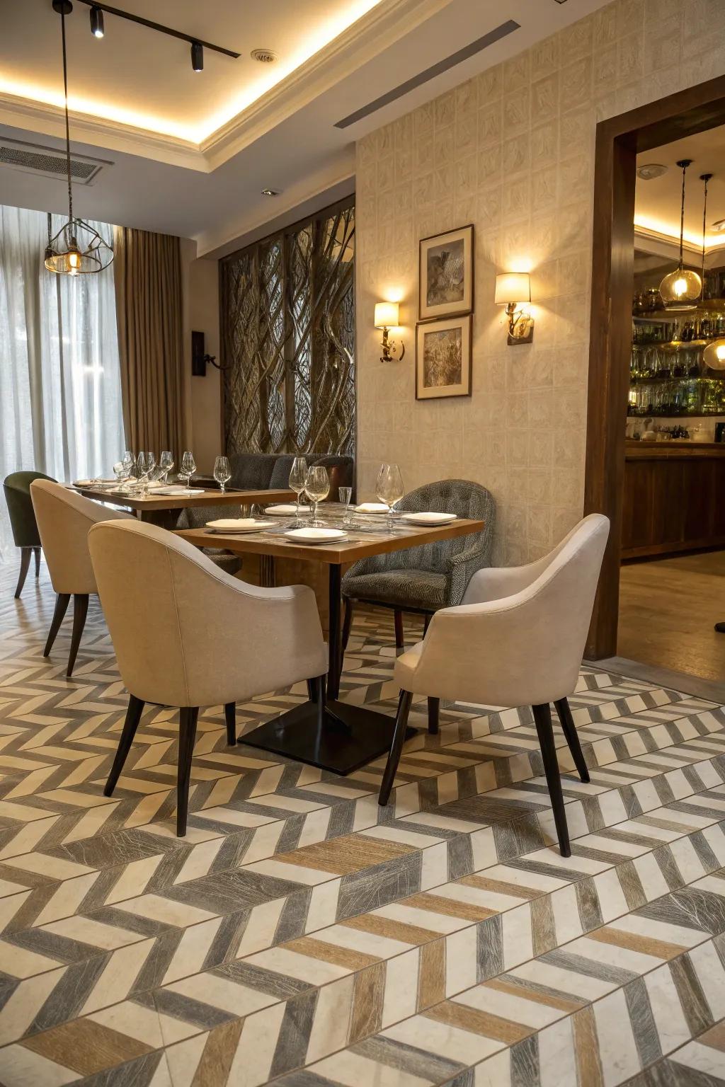 Chevron floor squares add an artistic touch to a dining area.