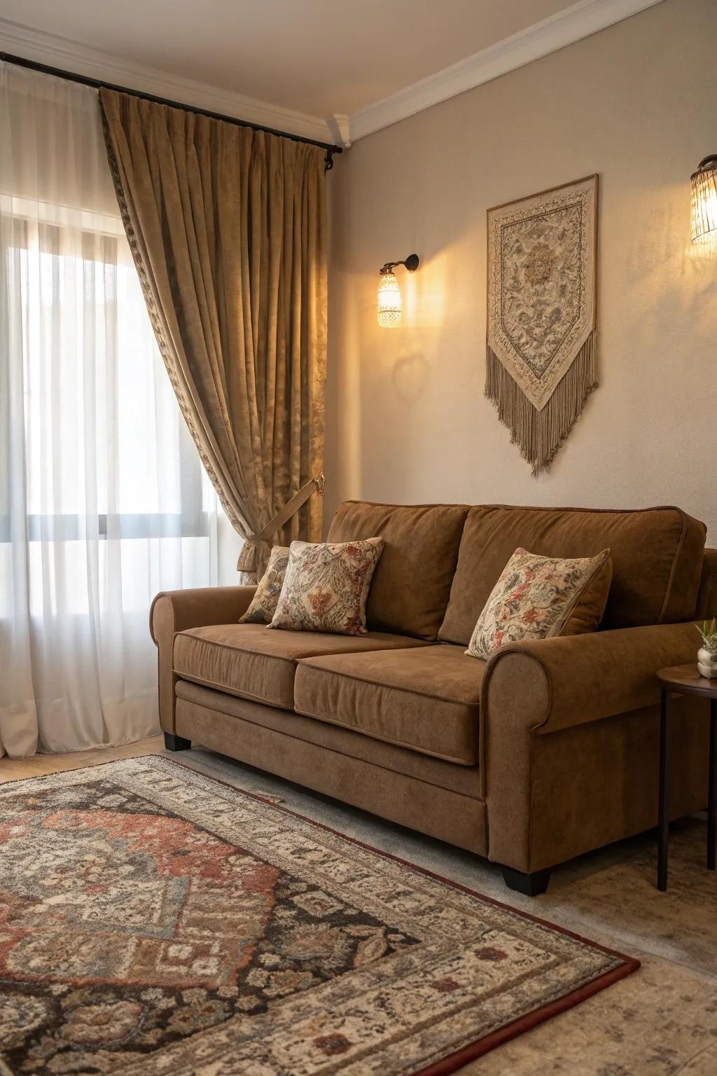 Layered fabrics introduce depth and warmth to the cocoa sofa area.