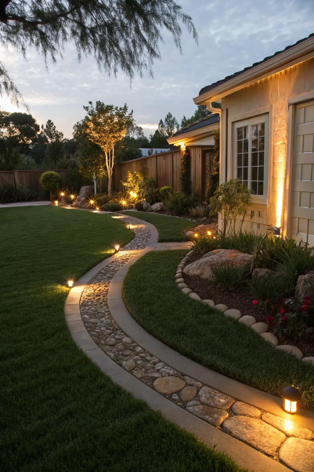 Accent lighting underscores the beauty of the artificial lawn at night.