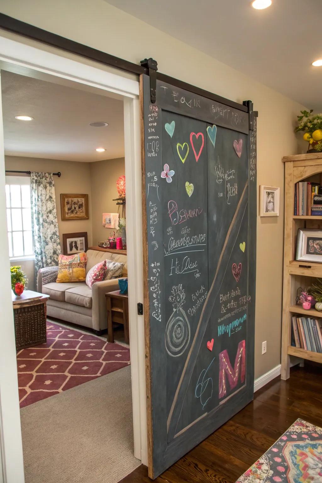 Chalkboard barn doors foster creativity and personal expression.