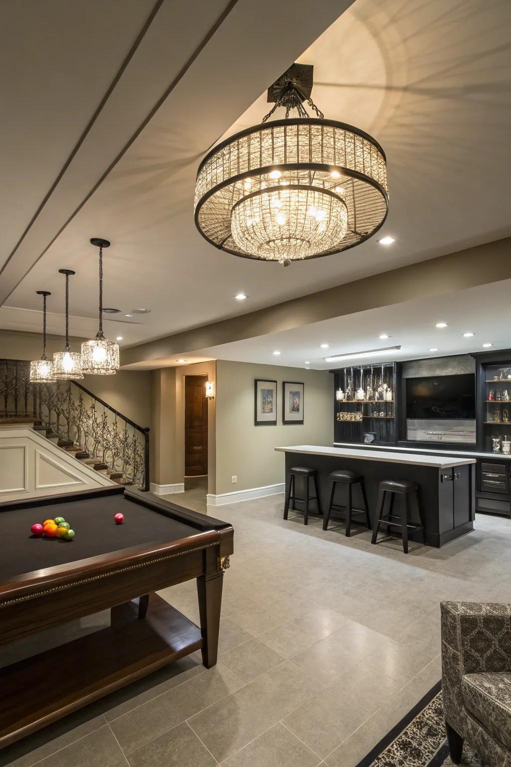 A statement ceiling accent becomes the focal point of the basement.