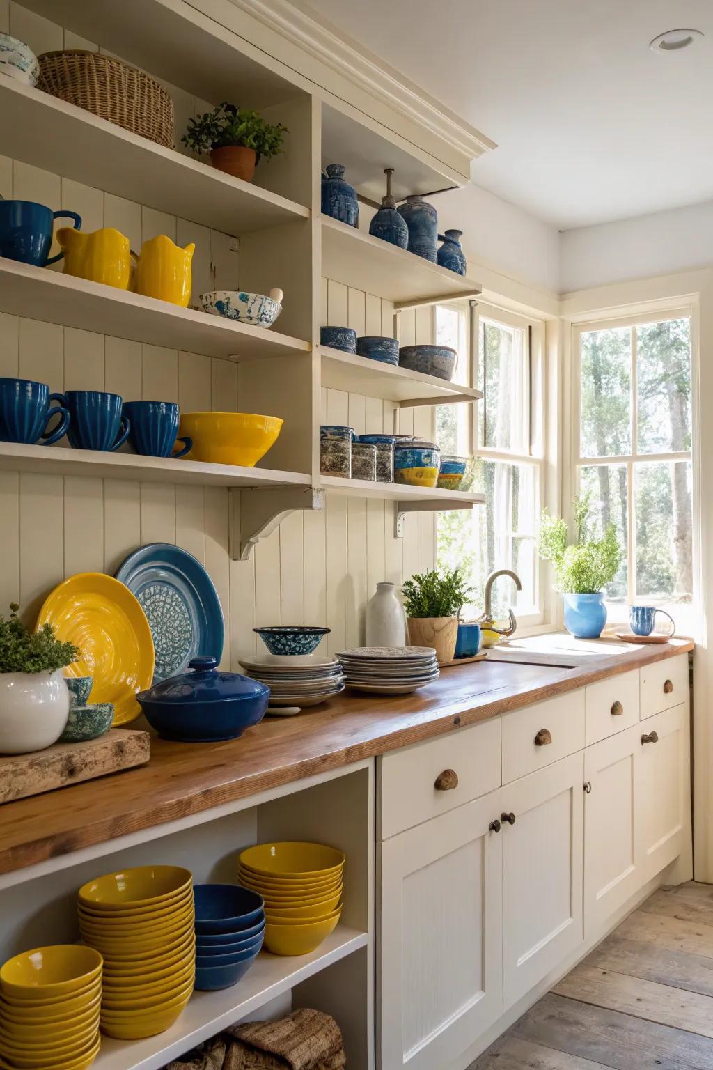 Open shelving highlights colorful dishware, creating an inviting display.