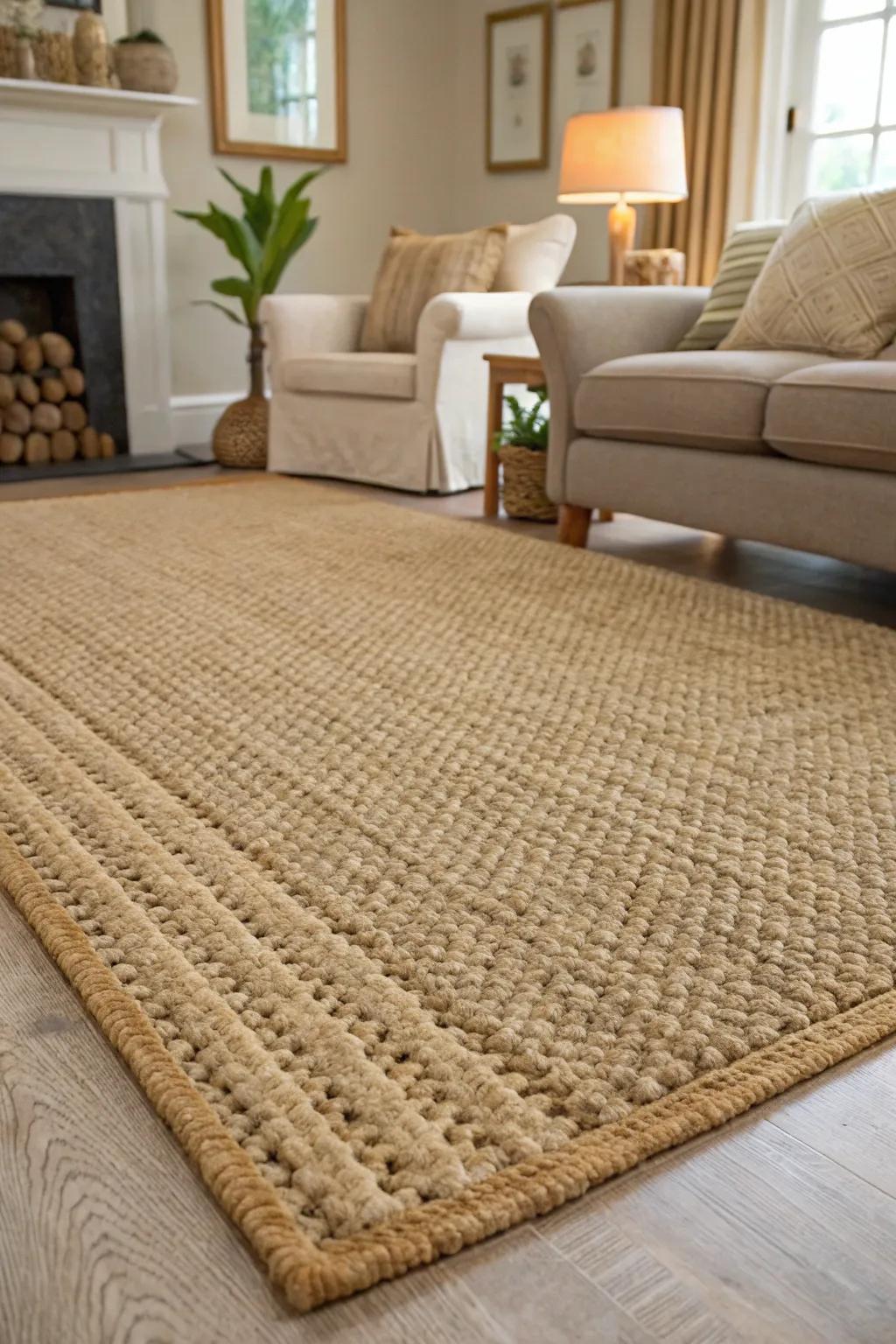 Lounge with a carpet made from unprocessed fibers, providing a sustainable décor option