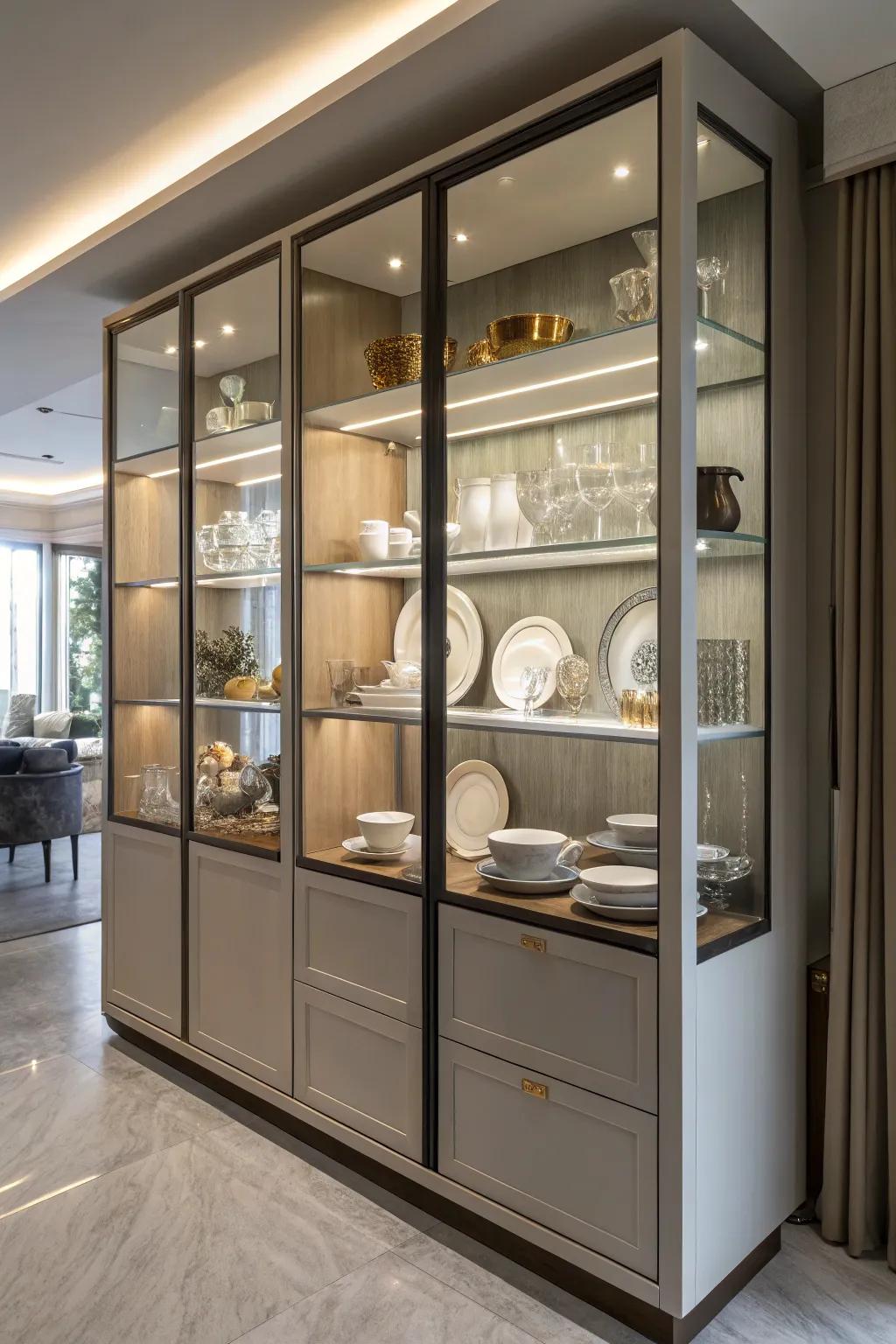 Airy and easily accessible open shelves in a display cabinet.