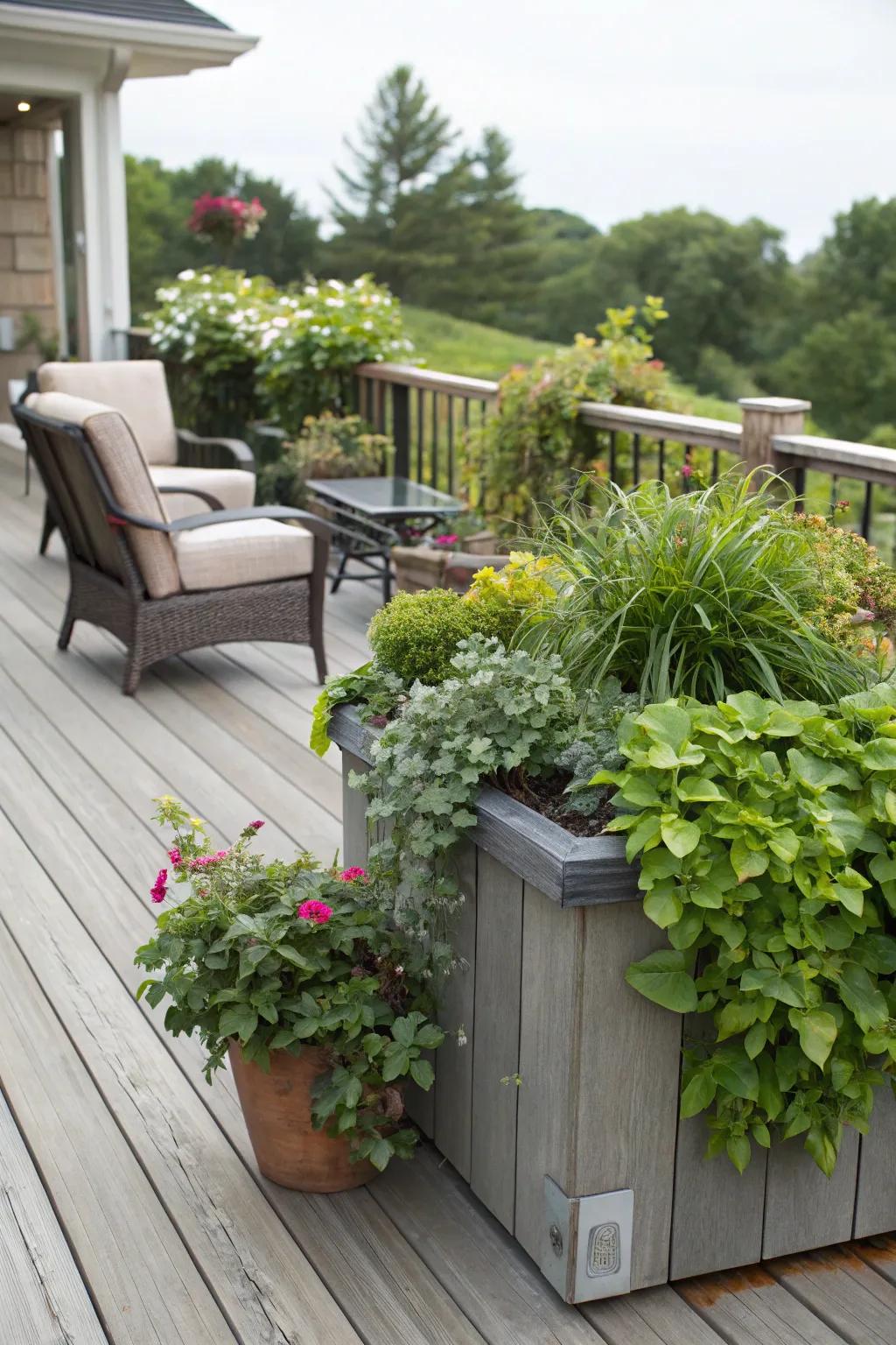 A deck design featuring abundant greenery via built-in planters.
