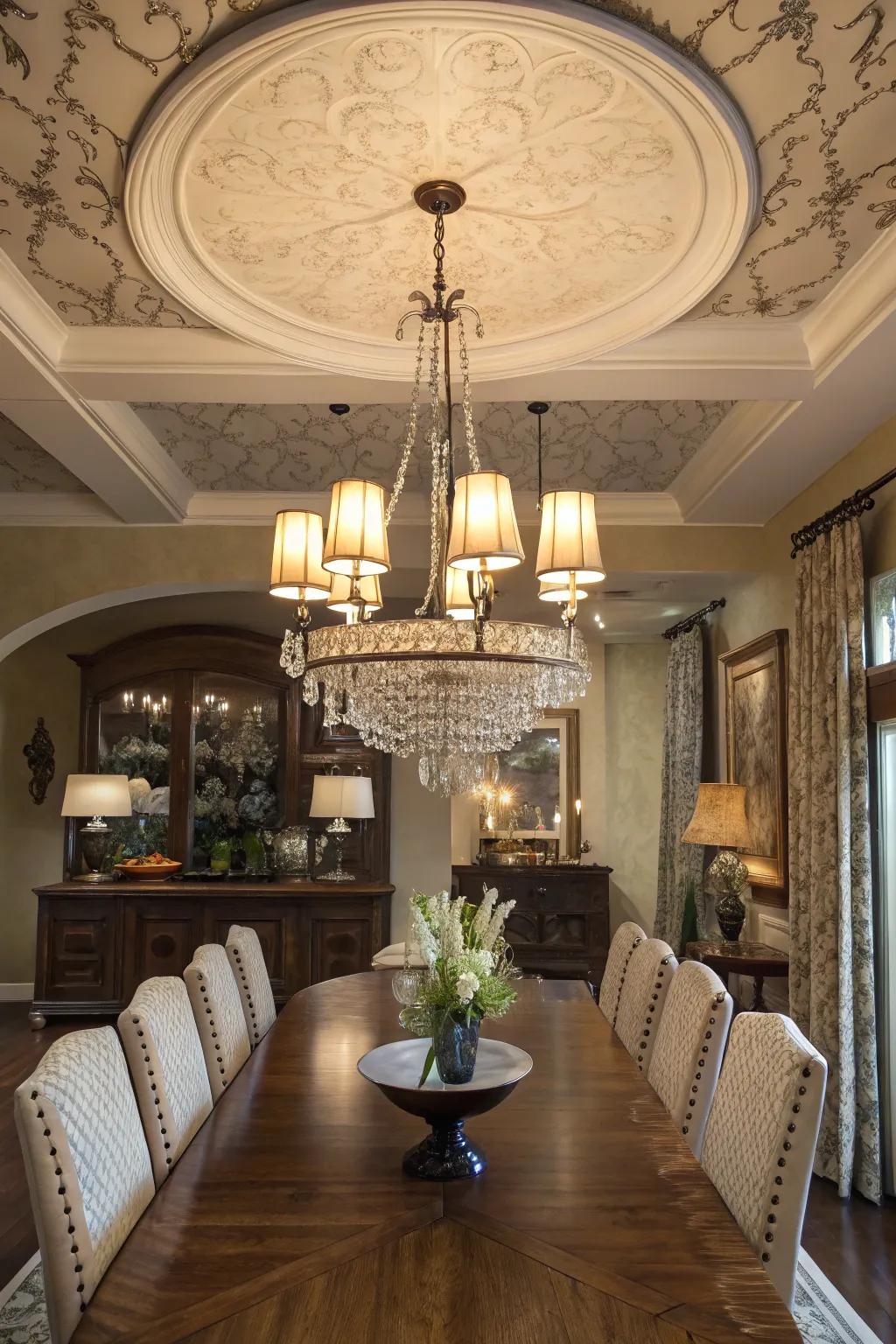 Decorative lighting fixtures heighten the refinement of this contemporary farmhouse setting.