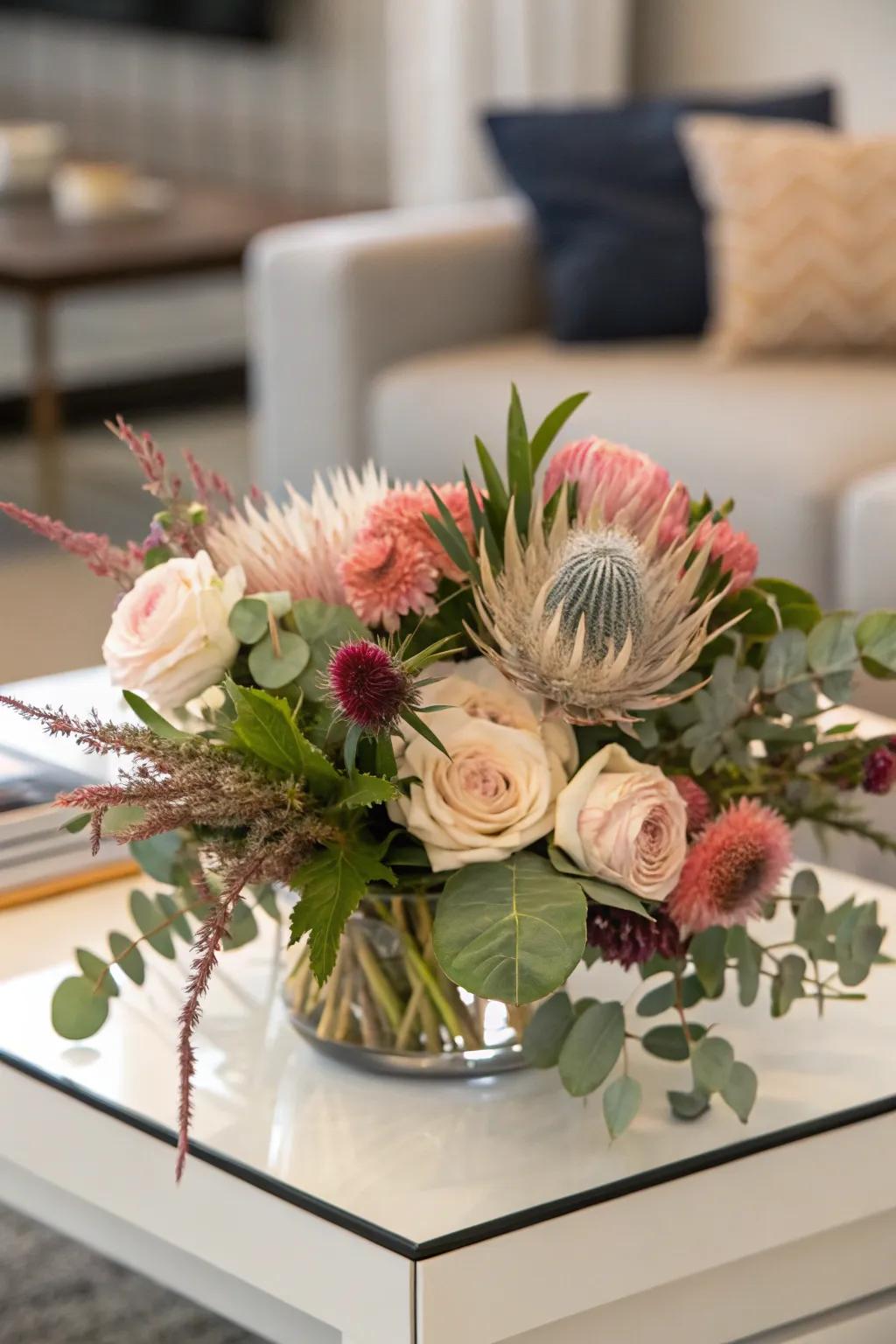 A flower arrangement with differing tactile elements for a vibrant aesthetic.