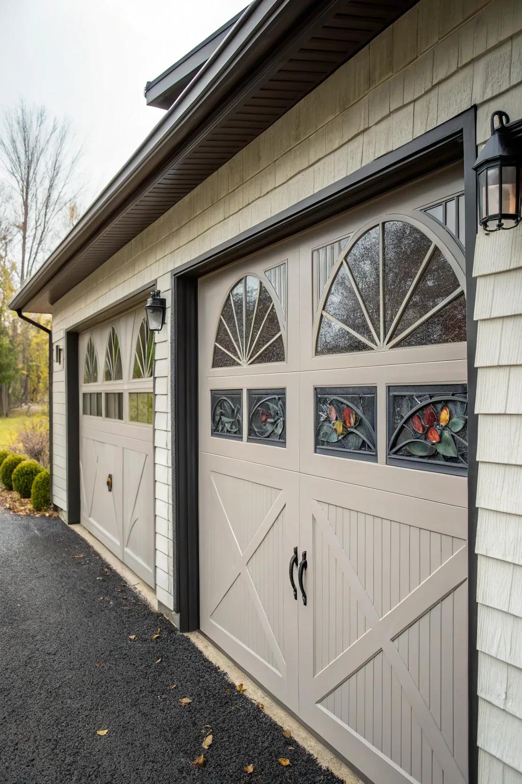 Unique window forms bring architectural detail to garage doors.