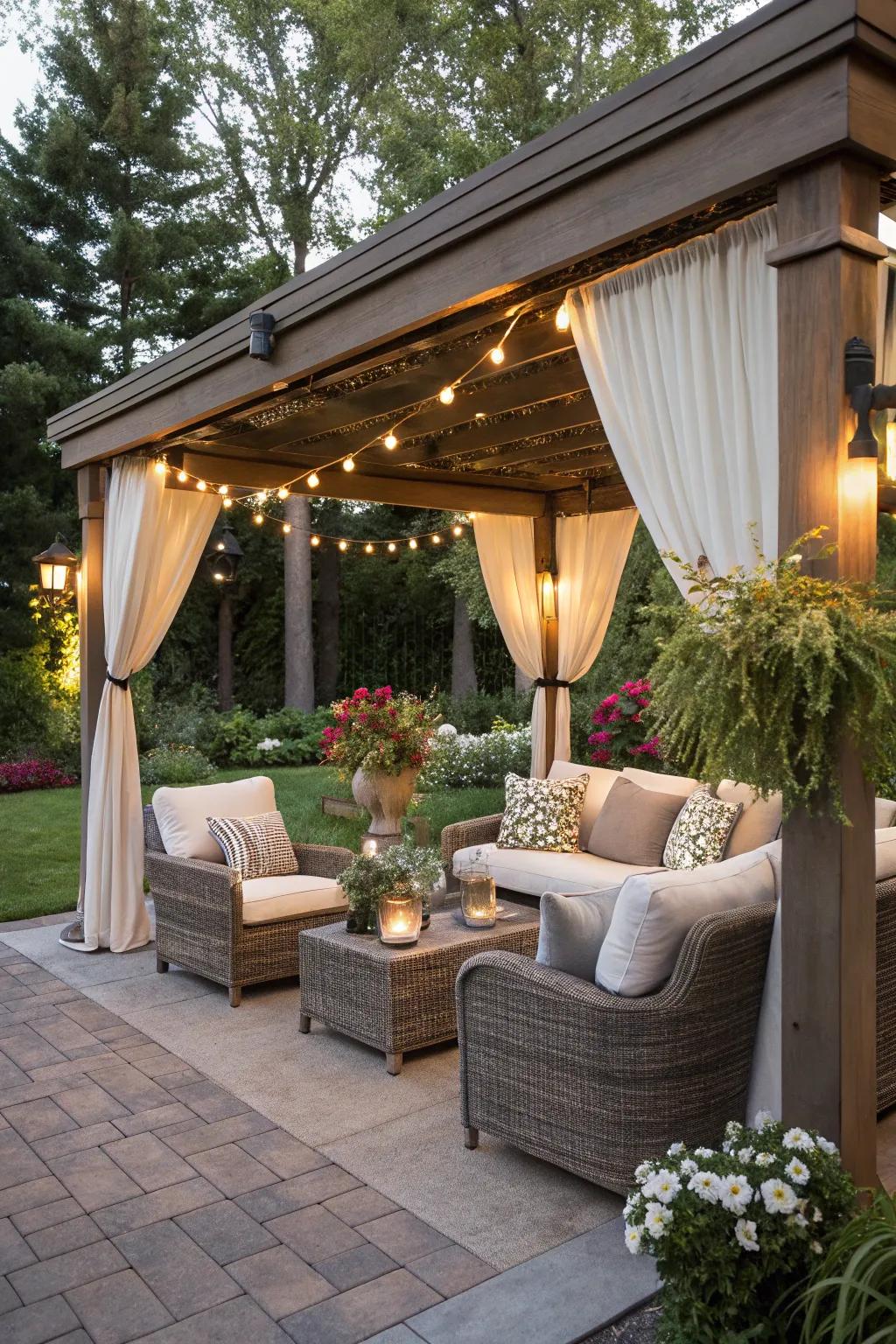 Outdoor living spaces offer comfort and style for relaxation.