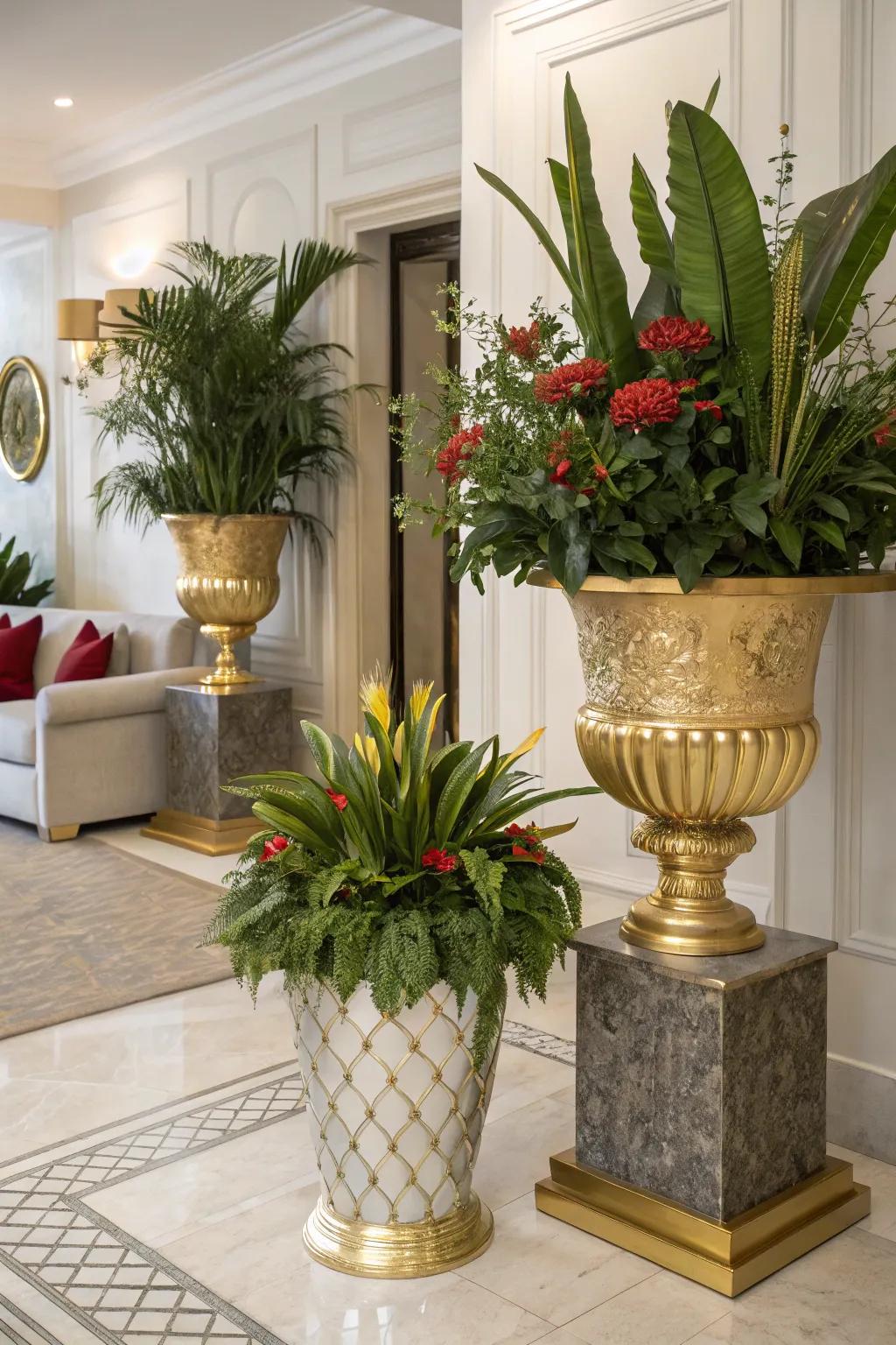 Nature combines with luxury with plants in metallic pots.