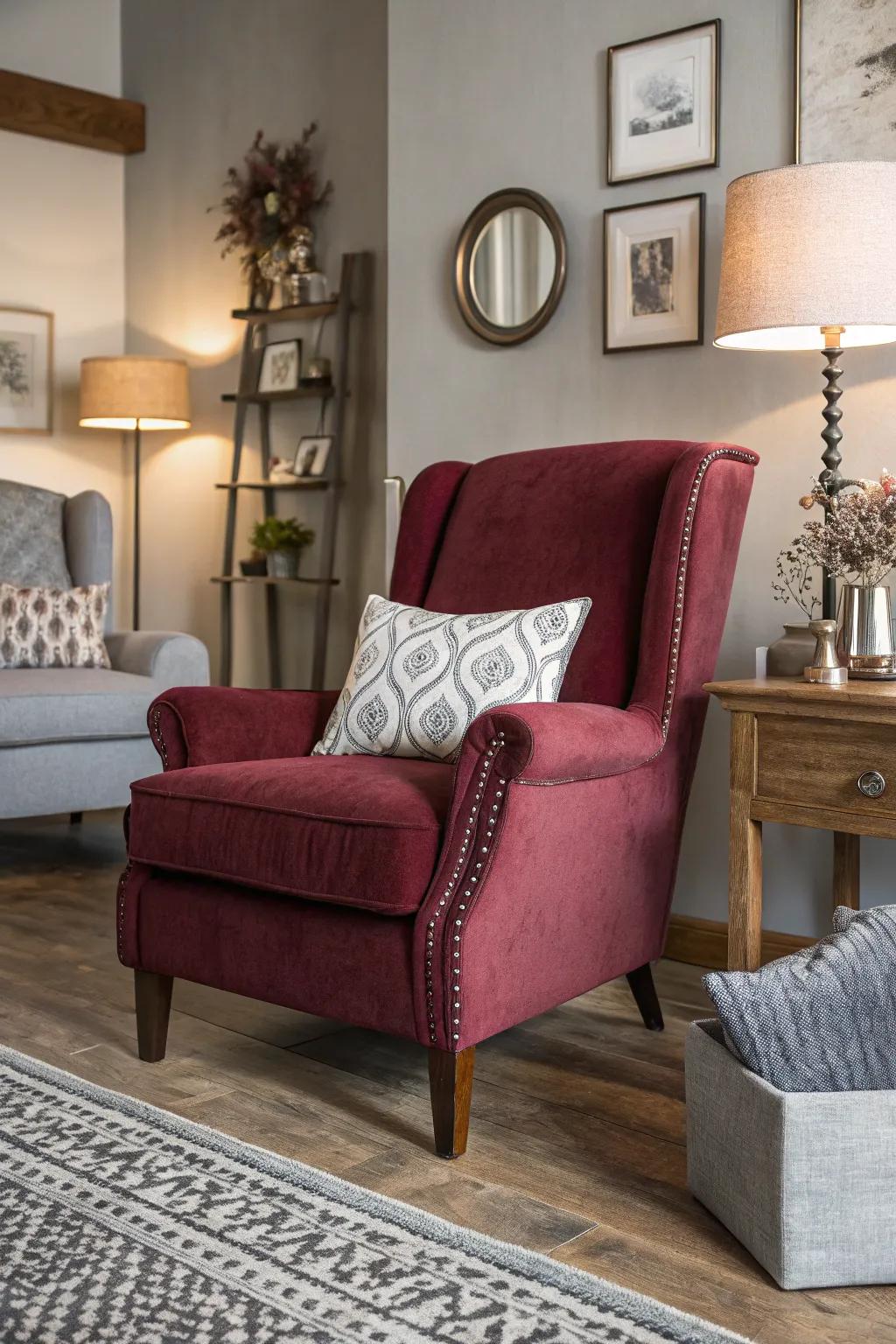 Living area featuring a statement carmine chair and neutral toned décor elements.