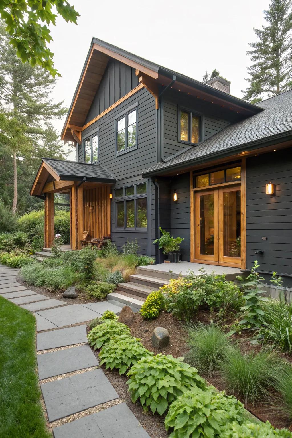 Dark grey and rich wood tones for a textured, inviting frontage.