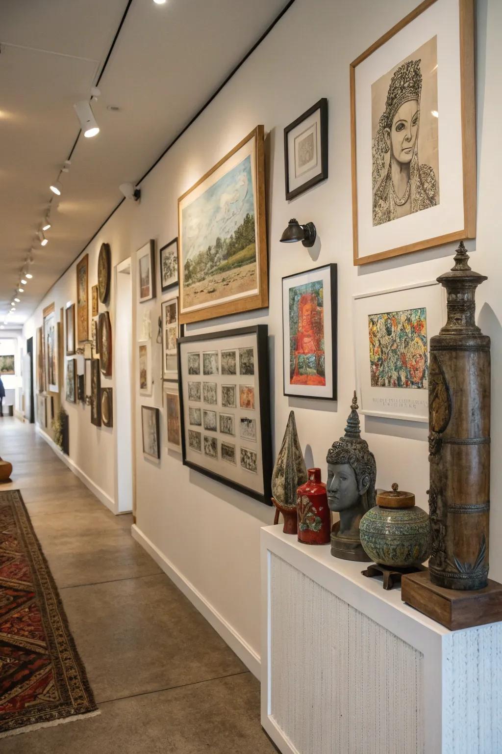 A half wall repurposed as an art exhibit infuses character and charm.