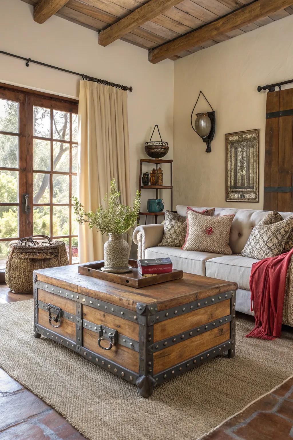 A layered living area featuring rich compositions and materials.