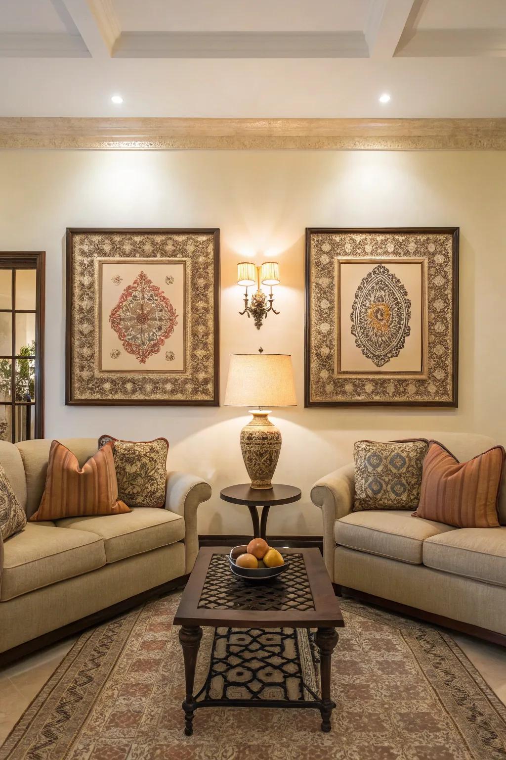 The sense of balance and harmony within the modern family room is enhanced through symmetrical wall decor.