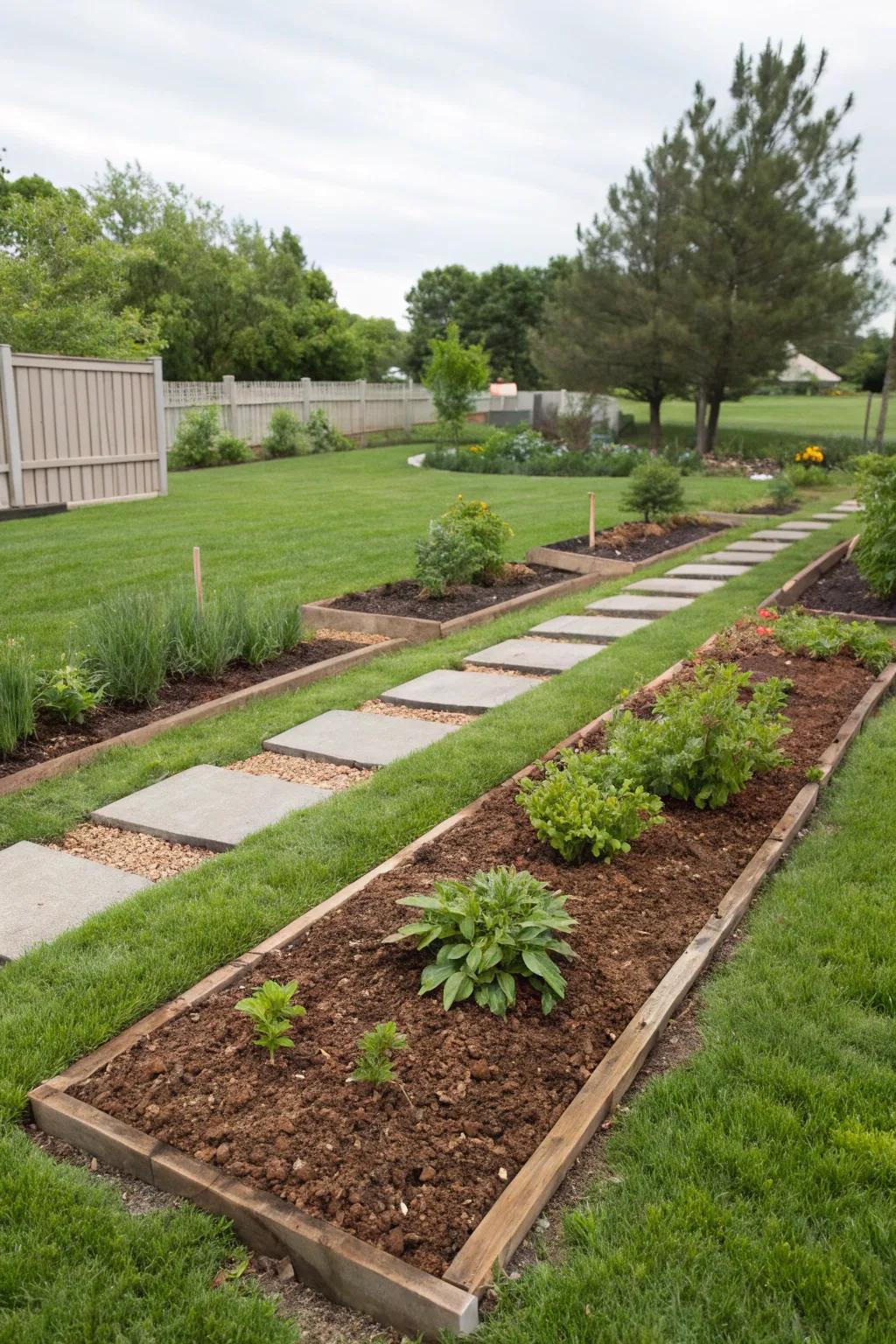 Plant beds covered in mulch in a front yard for moisture retention and weed control.