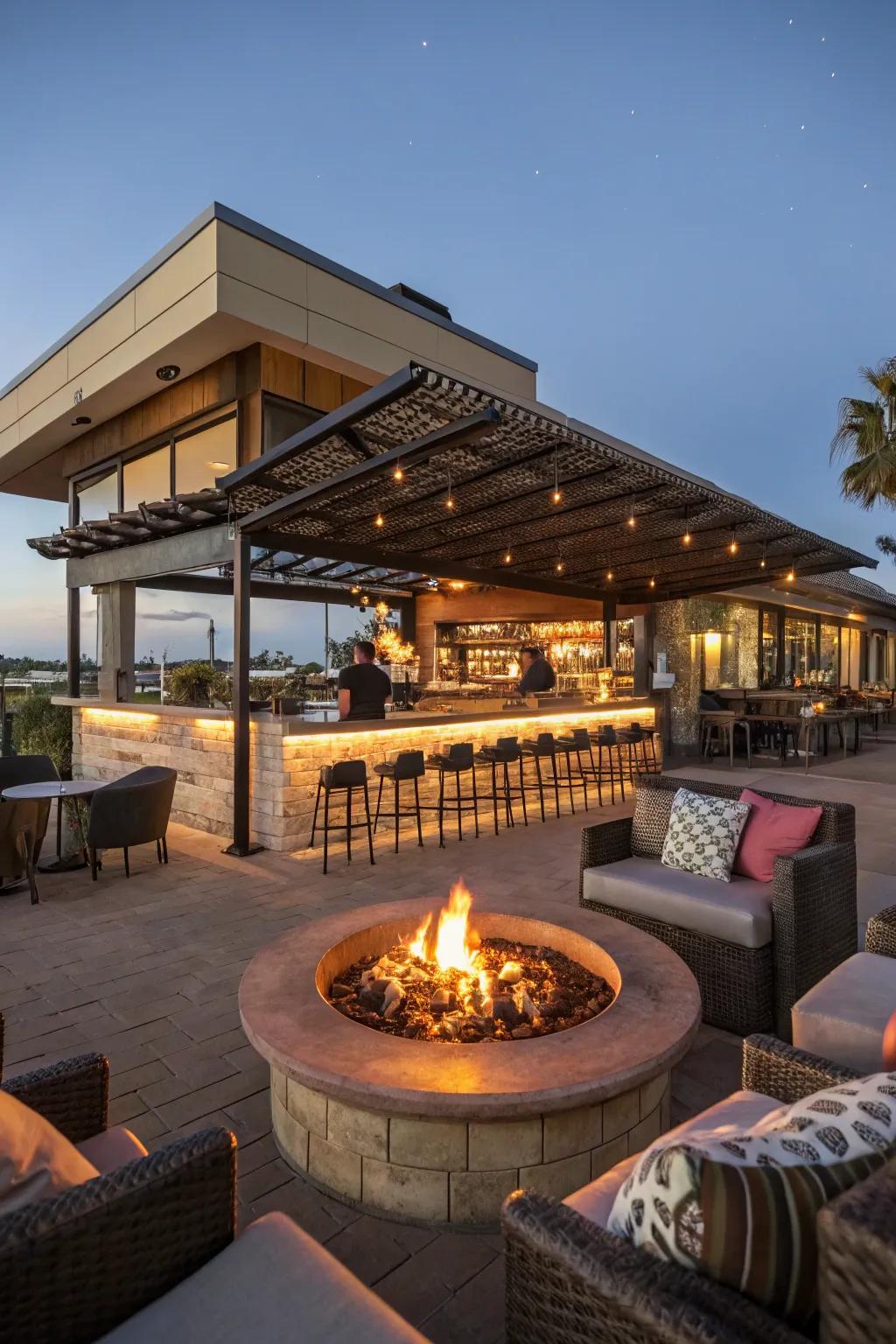 A cozy fire pit enhances the charm of this outdoor bar.