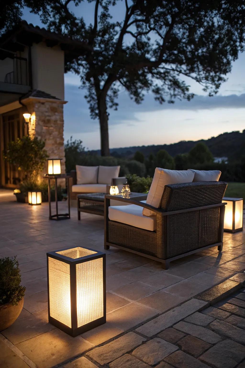 Understated lighting enhances evening patio ambiance.