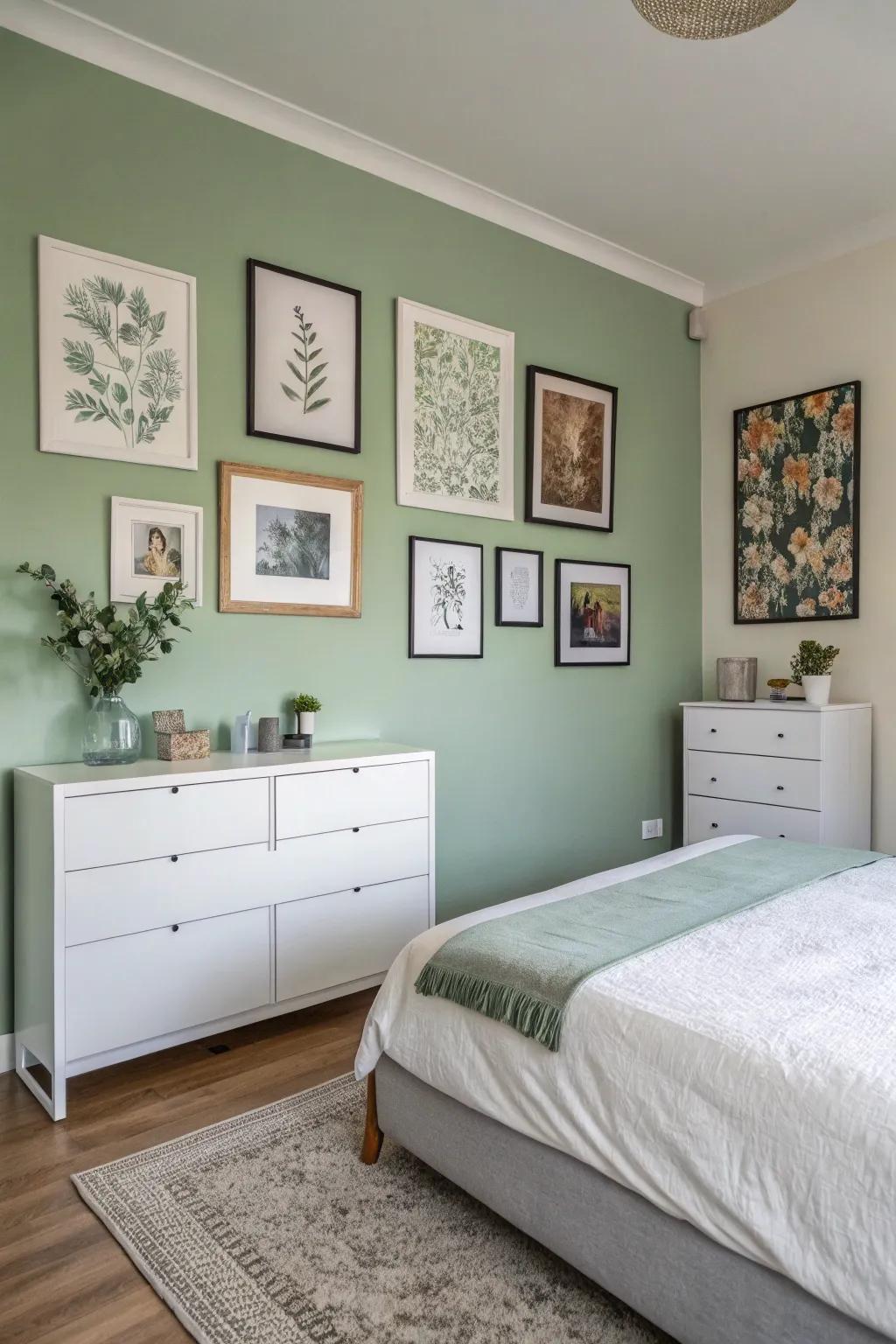 Sage green wall art enhances the room's tranquility and design.