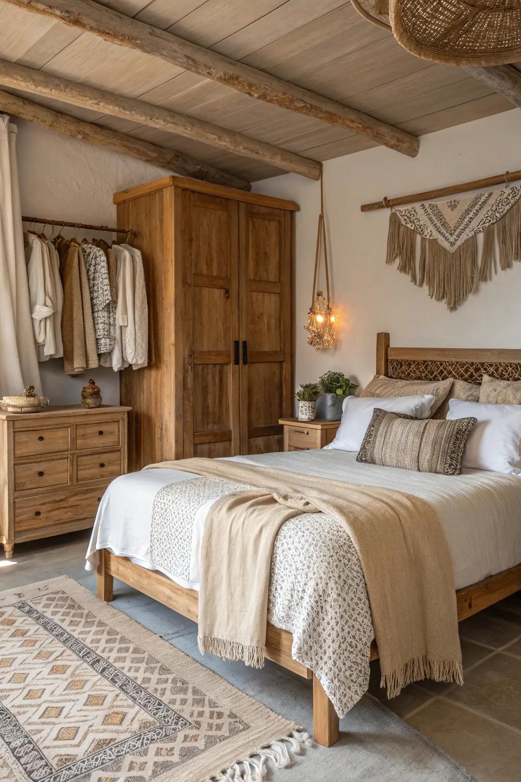 Organic materials add texture and warmth to a modern shabby chic bedroom.
