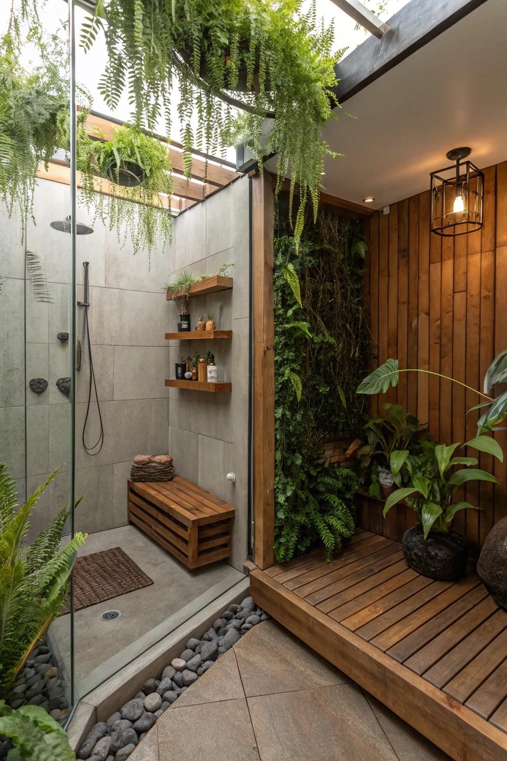 A tranquil shower environment incorporating organic components, such as flora and wood.