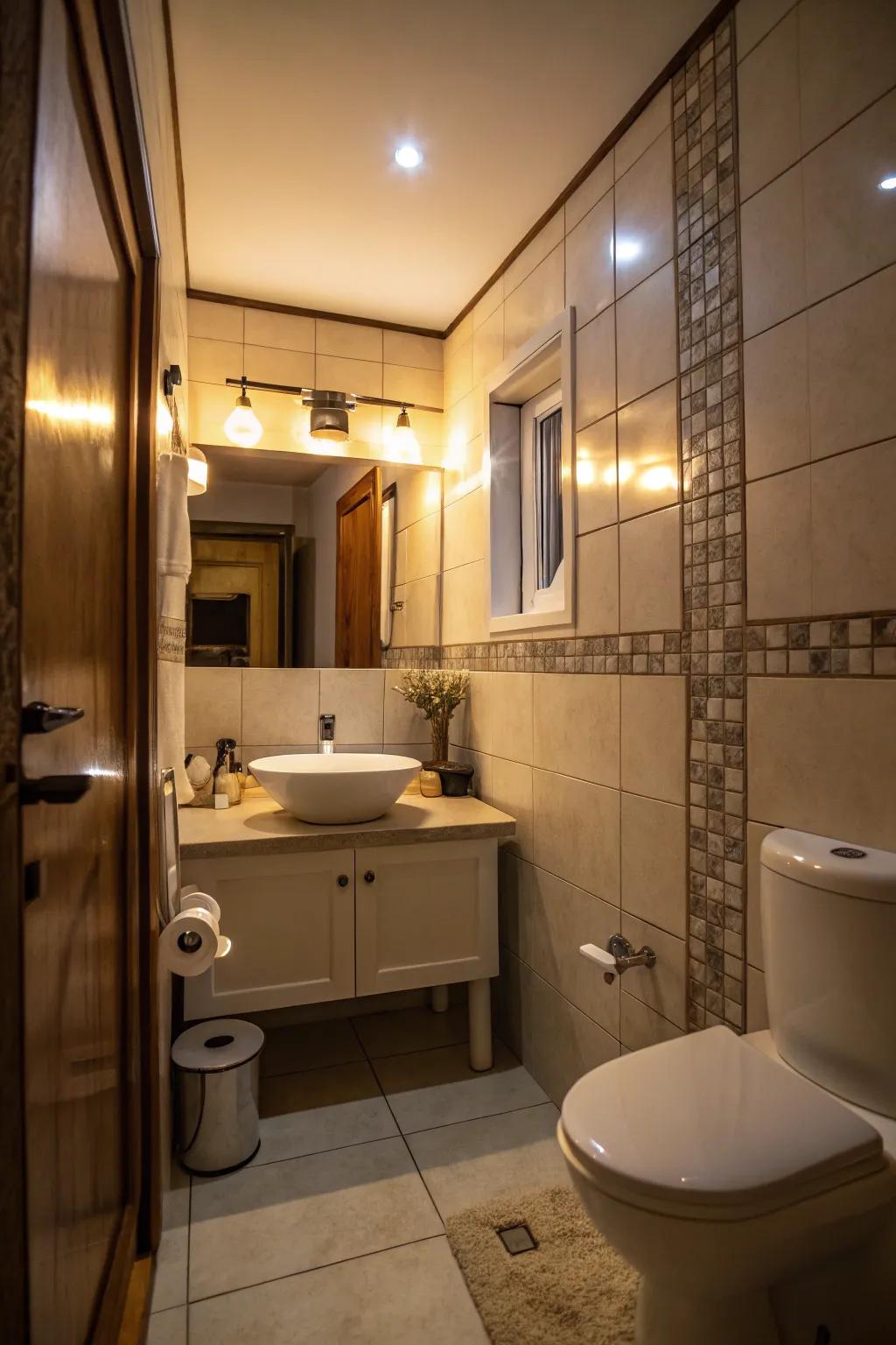 Strategic illumination brightens this compact bathroom.