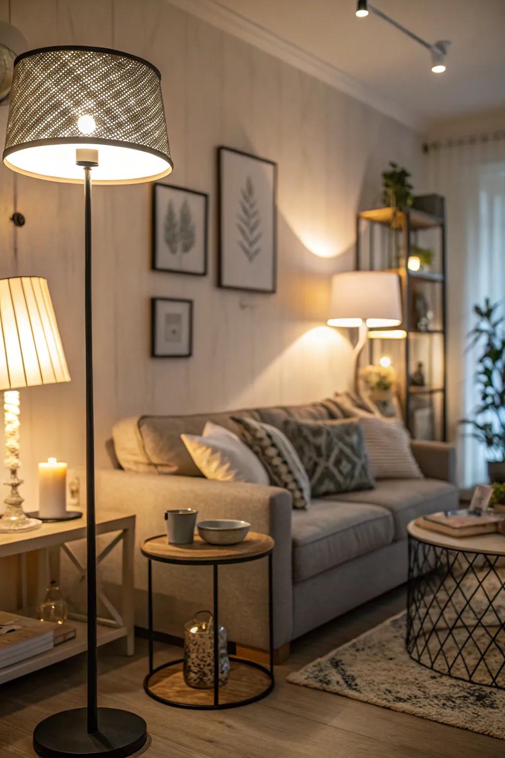 Contemporary lighting fixtures creating ambiance in a small living room.