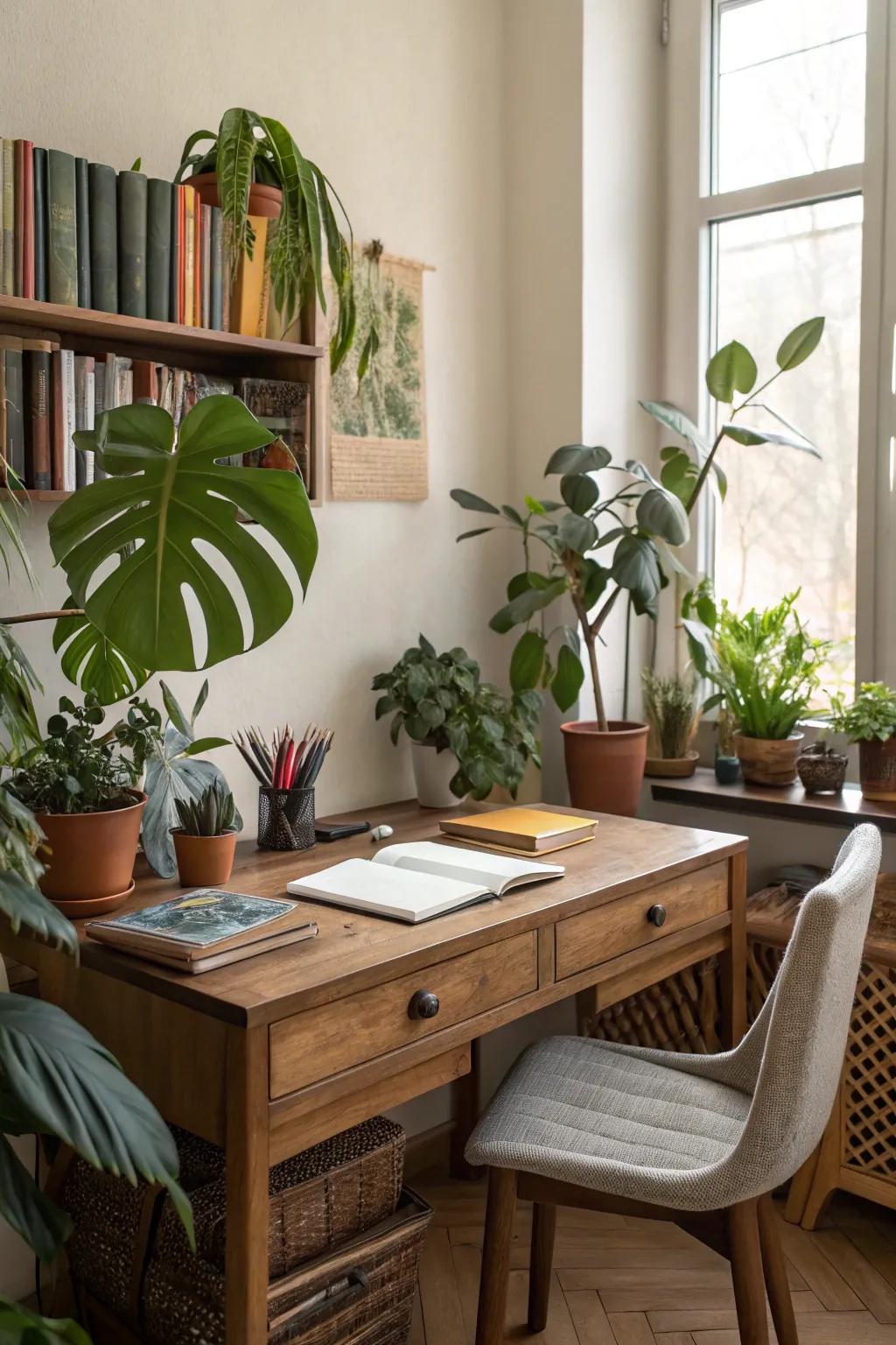 An inviting study room featuring natural elements.