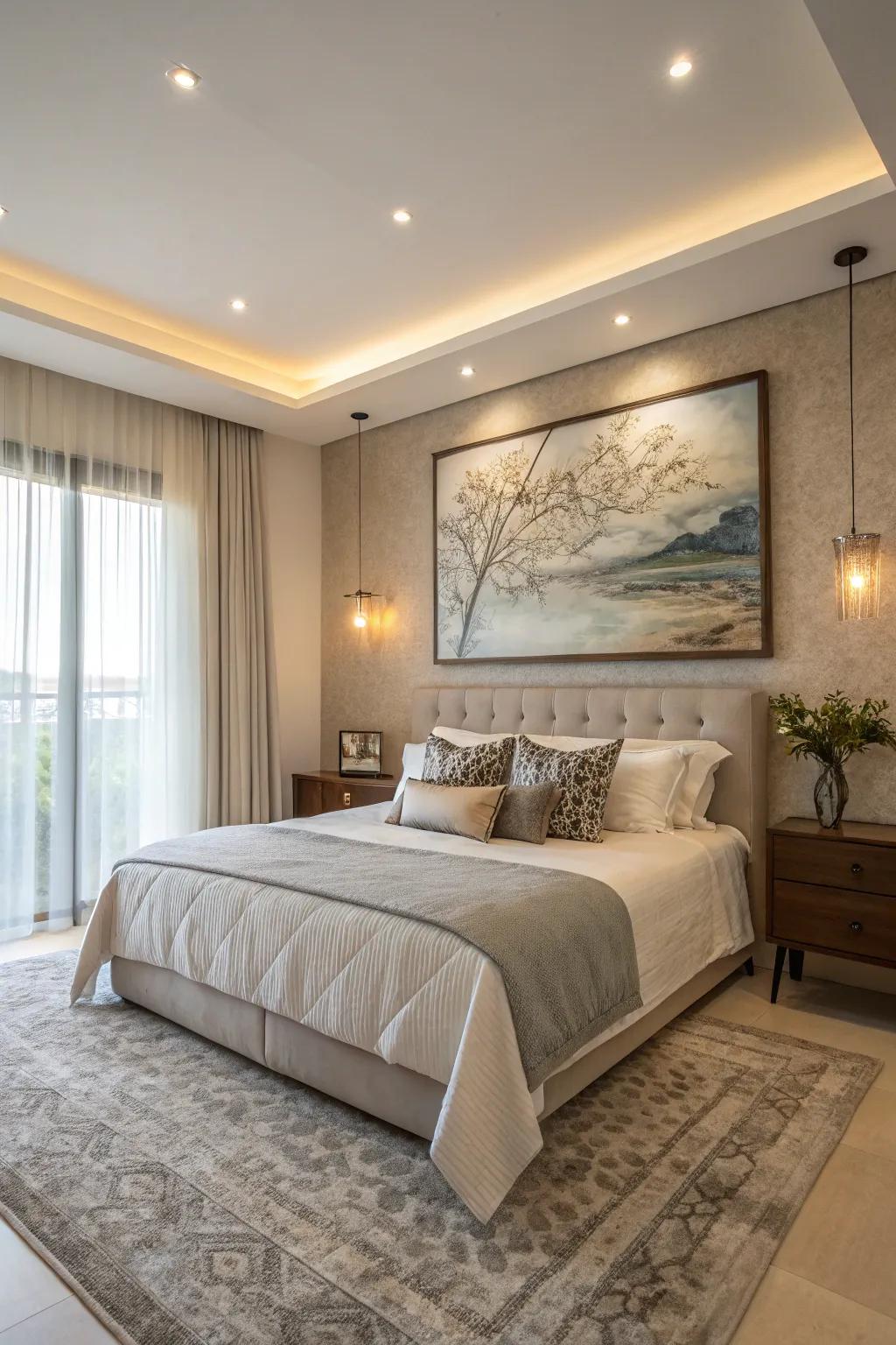 Striking artwork adds character and visual interest to the room.