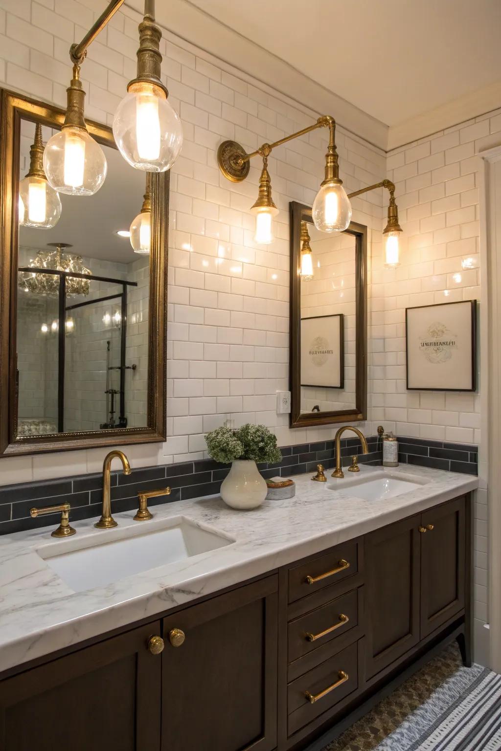 Vintage charm blends with modern design in bathroom lighting.