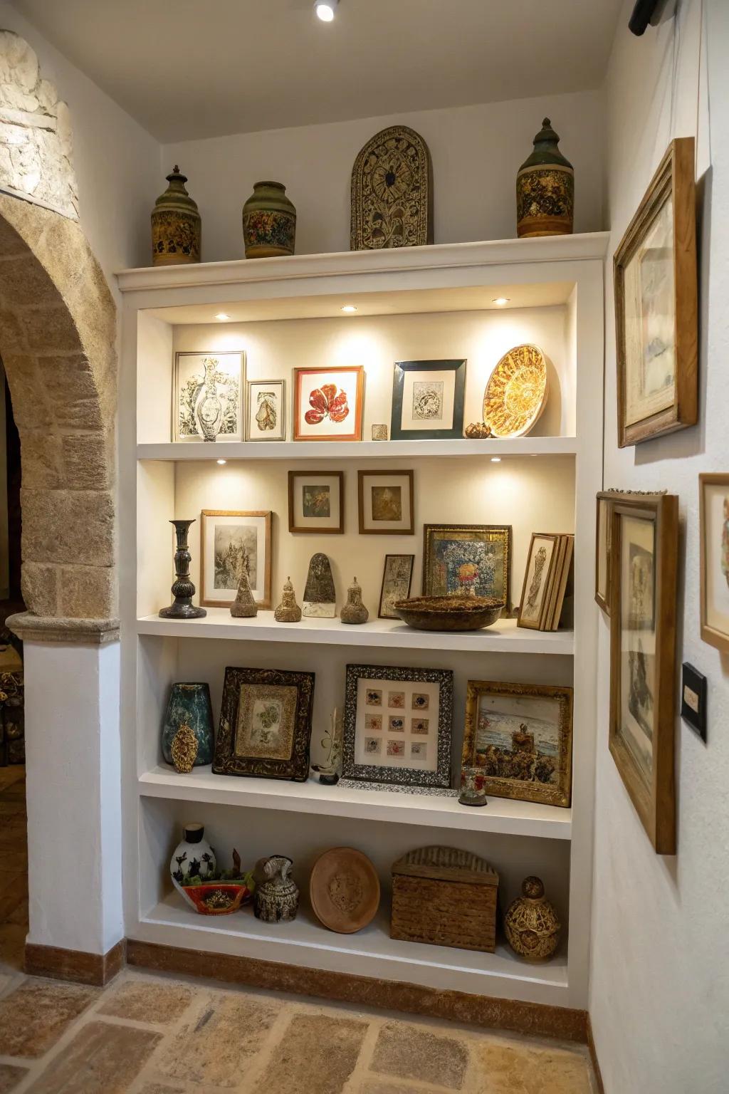 A wall niche transformed into a mini exhibit featuring a compilation of petite artworks.