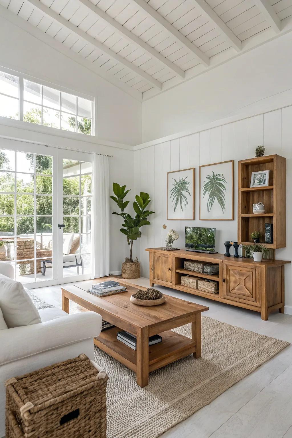 Wood accents add warmth to a contemporary white living room.