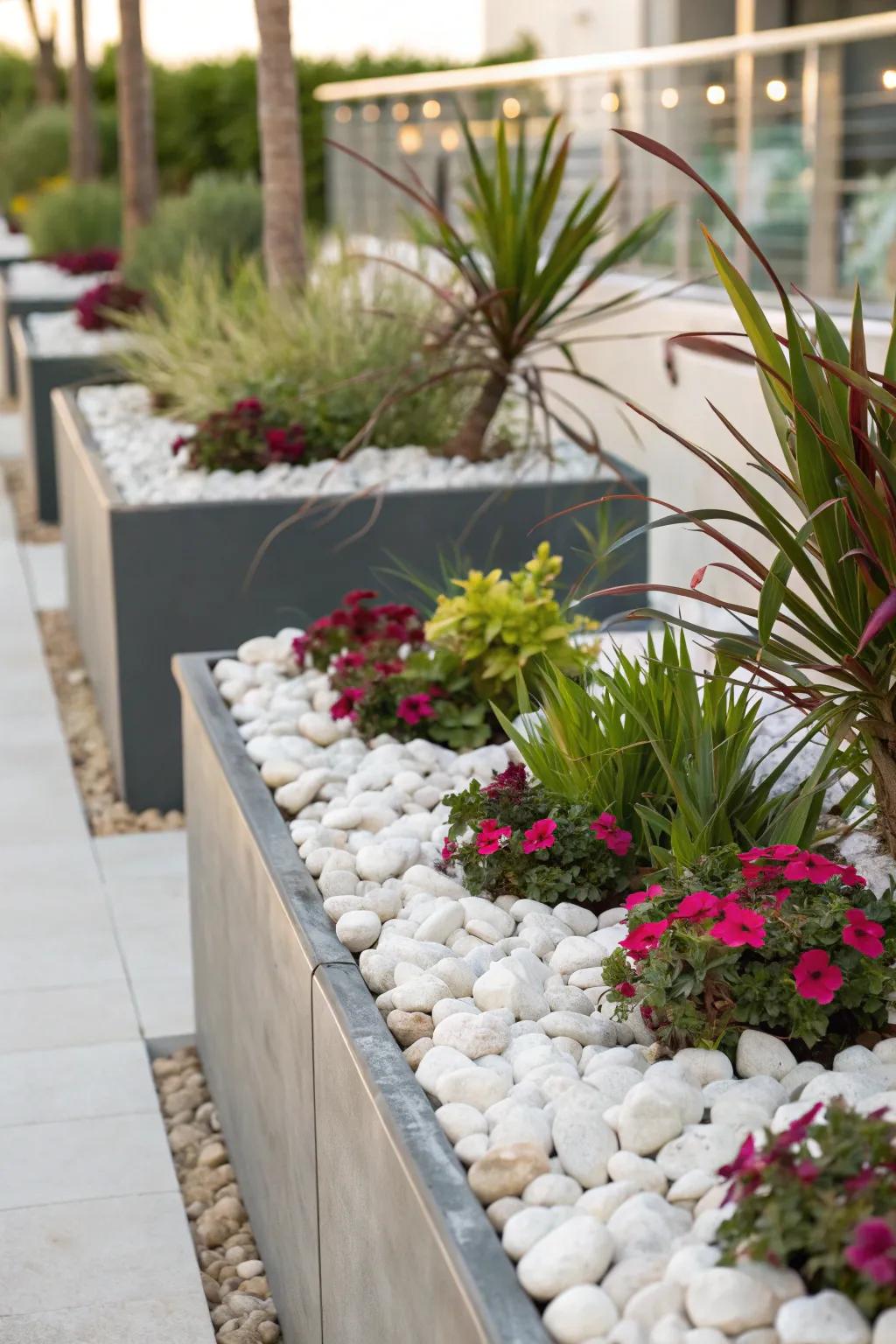 Vase gardens set among white stones, adding varied heights to the garden design.