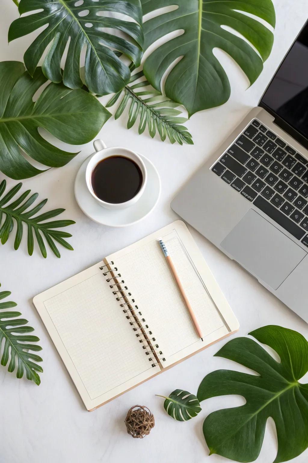The freshness of monstera leaves has transformed a desk.