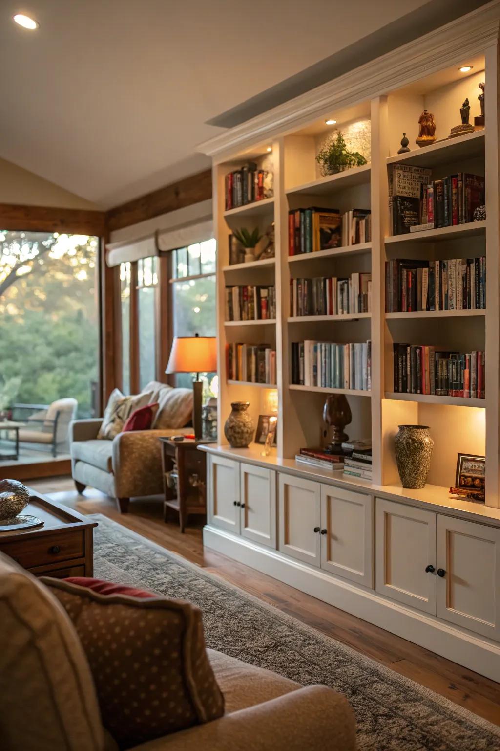 Built-in bookshelves adding character to a calmly lit living room.