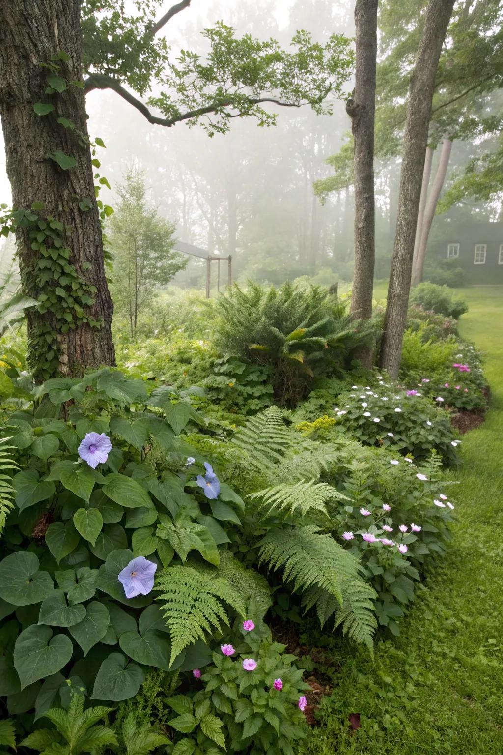 For a lush garden setting, morning glories are entwined with hostas and ferns.