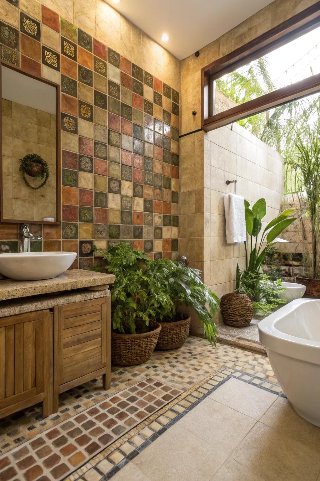 An eco-conscious bathroom featuring sustainable mosaic panels.
