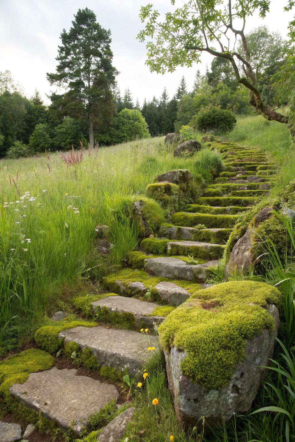 Enticing moss stone steps winding through a lush garden.