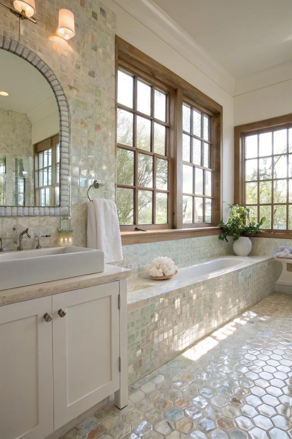 Sunlight enhances the iridescent characteristics of nacre tiles.