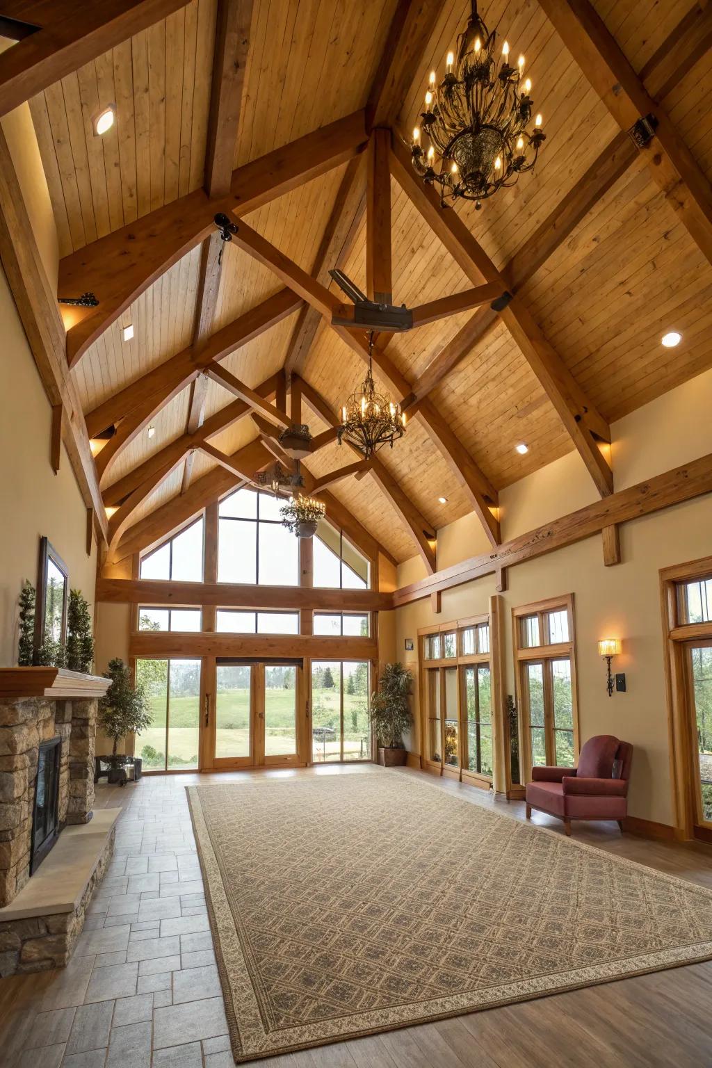 A spacious interior featuring high, lofted ceilings and visible beams.