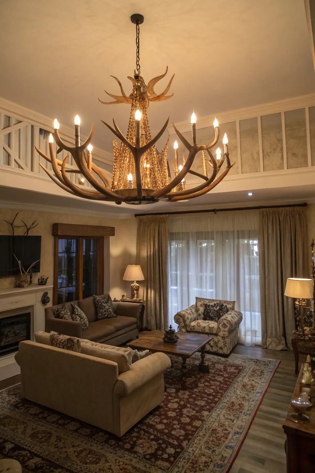 This antler chandelier adds rustic charm to the room.