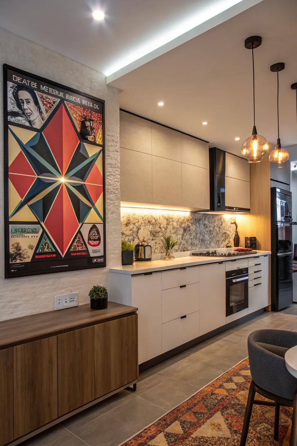 A kitchen featuring a symmetrical movie-themed art piece.