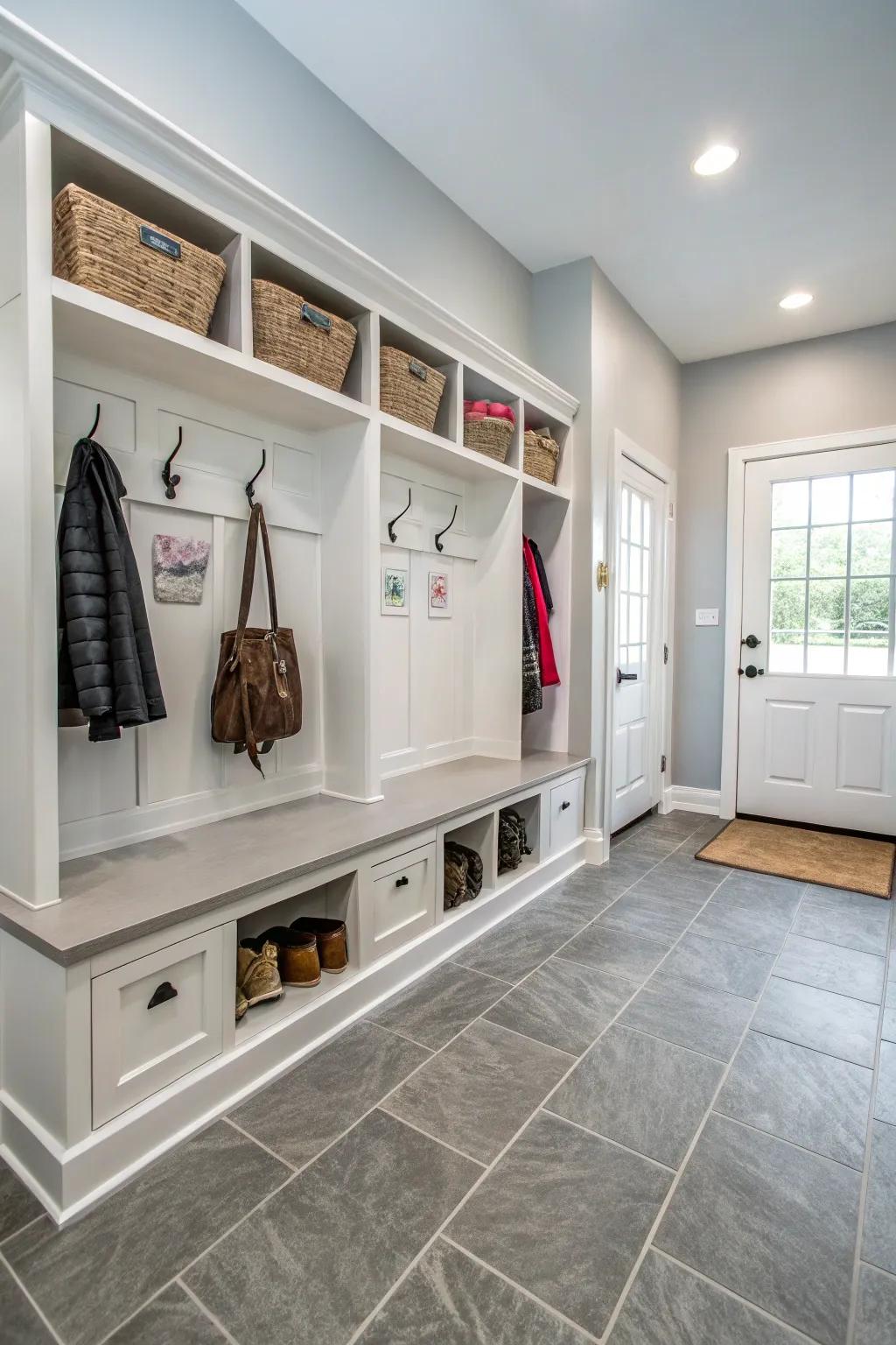 Mudroom that features durable tile flooring, complete with a modern layout for practicality and design.