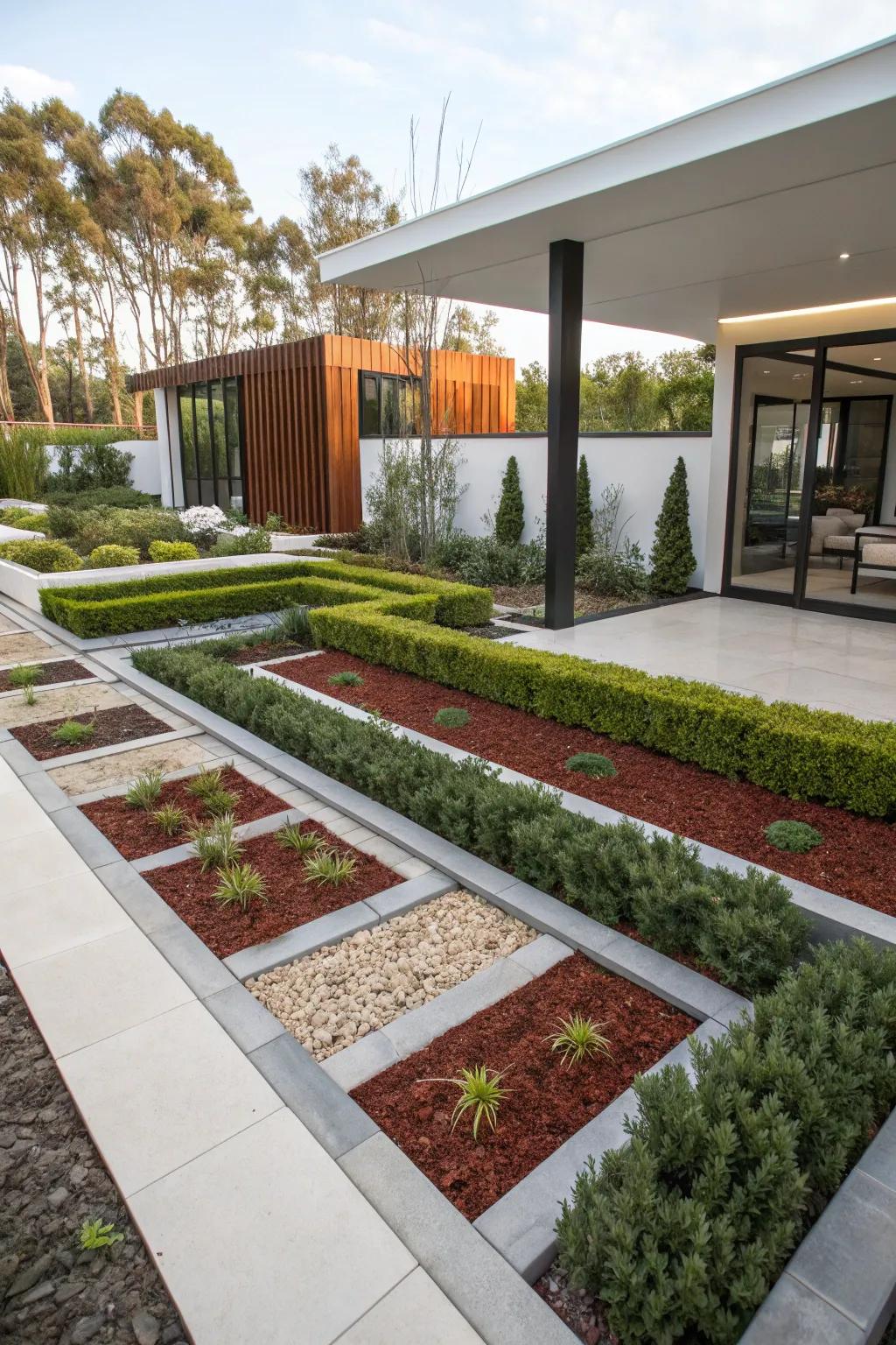 Geometric lines impart a contemporary flair to mulch borders.