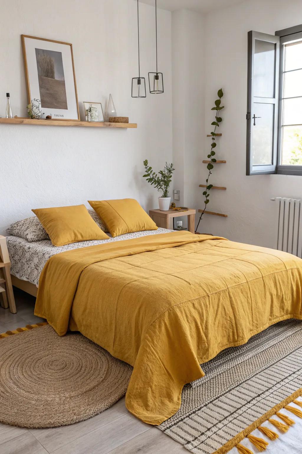 A minimalist bedroom made cozy by the deep tone of goldenrod bedding.
